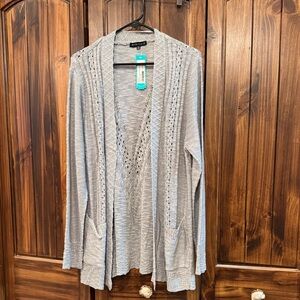 Eyelet Knit Open-Front Cardigan in Light Gray